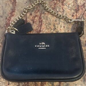 Coach Midnight Blue Leather Wristlet with Gold Chain